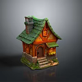 Fairy Tale Style Small Cottage With Green Roof Chimney Orange Walls Steps And Lit Window