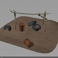 Outdoor Desert Camp Structure With Branch Frame Red Drums And Black Tires On Sandy Ground
