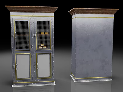 Vintage Metal Storage Cabinet With Mesh And Glass Doors Wooden Top Gold Trim 3d model