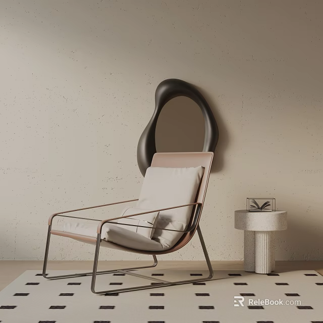 Modern Lounge Chair With Metal Frame Pink Beige Upholstery And Wall Decorative Mirror Side Table 3d model 