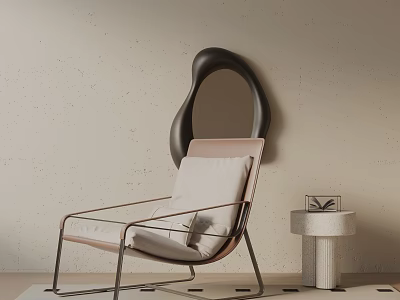 Modern Lounge Chair With Metal Frame Pink Beige Upholstery And Wall Decorative Mirror Side Table 3d model