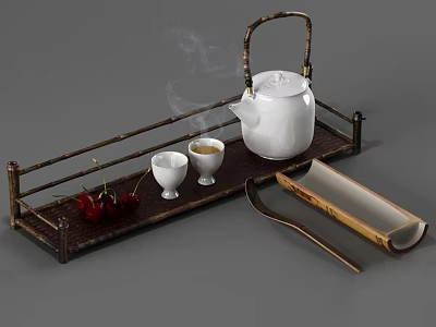 Traditional White Tea Set with Bamboo Tray Teapot Handle Two Teacups Cherries Rising Steam 3d model