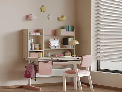 Cozy Children's Desk Area With Bookshelf Chair Pink Backpack And Wall Decorations 3d model
