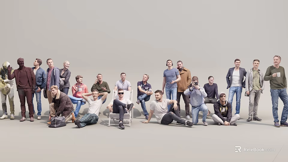 Group of Multiple People Posing in Various Postures Against Gray Background 3d model 