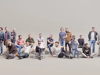 Group of Multiple People Posing in Various Postures Against Gray Background 3d model