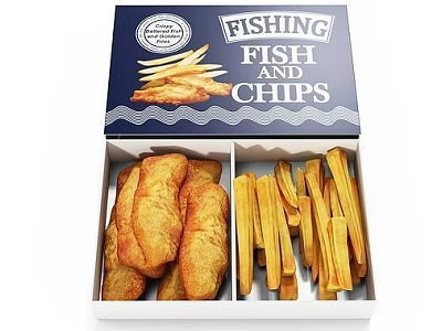 Crispy Fish And Chips In Traditional Takeaway Box With Tasty Crunch 3d model