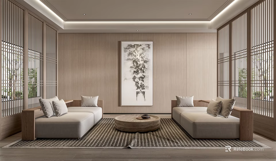 Hotel Public Lounge Area with Wooden Walls Beige Sofas Round Coffee Table And Decorative Painting 3d model 