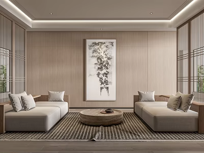 Hotel Public Lounge Area with Wooden Walls Beige Sofas Round Coffee Table And Decorative Painting 3d model