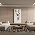 Hotel Public Lounge Area with Wooden Walls Beige Sofas Round Coffee Table And Decorative Painting