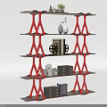 Modern Multi Tier Storage Shelf With Brown Shelves Red Supports And Decorative Boxes