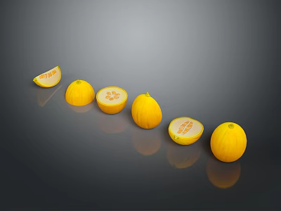 Fresh Yellow Melons Whole and Sliced Arranged on Black Background 3d model