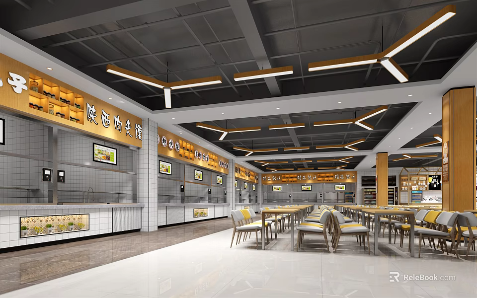 Modern Chinese Restaurant Interior With Dining Tables Display Counters And Lighting 3d model