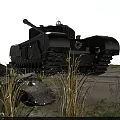 Military Green Tank With Number 51 In Field With Rocks Grass And Cloudy Sky