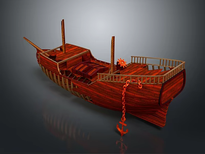 Traditional Wooden Watercraft Featuring Deck Railings Anchor Chain And Classic Design 3d model
