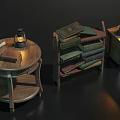 Wooden Side Table Bookshelf And Cabinet With Lanterns And Stacked Books