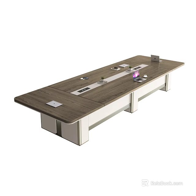 Long Dark Wooden Conference Table with White Legs and Tablets Documents on Surface 3d model
