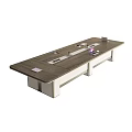 Long Dark Wooden Conference Table with White Legs and Tablets Documents on Surface 3d model