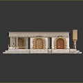 Cartoon Scene Of Stone Buildings With Red Tile Roofs Swimming Pool Statues And Railing
