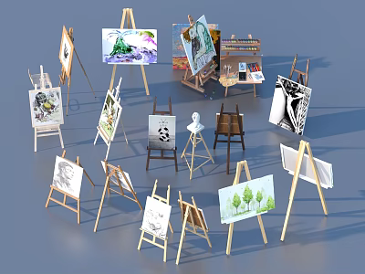 Wooden Easel Stands With Drawing Boards And Artwork Displays For Home 3d model