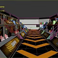 Modern Interior Scene with Yellow Black Chevron Floor Multiple Booths Screens Upper Walkways White Chairs