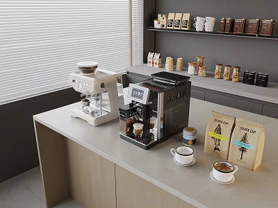 Modern Coffee Station On Countertop With Coffee Machines Bean Bags Cups And Shelves 3d model