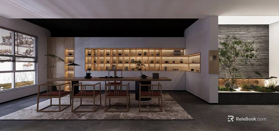 Serene Tea Room Interior With Wooden Table Chairs Shelves Tea Sets And Green Plants 3d model 