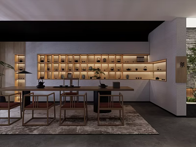 Serene Tea Room Interior With Wooden Table Chairs Shelves Tea Sets And Green Plants 3d model