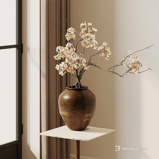 Brown Ceramic Vase with White Blossoms on White Shelf in Interior with Curtain and Window 3d model 