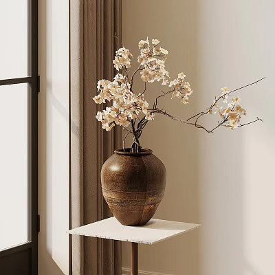 Brown Ceramic Vase with White Blossoms on White Shelf in Interior with Curtain and Window 3d model