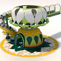 Colorful Playground Structure With Spiral Slide And Carousel Like Top Design