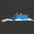 Cartoon Scene With Snowy Ground Blue Tents Little Figures And Items