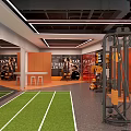 Modern Fitness Reception Desk With Orange Wall Neon Lighting And Computer Setup
