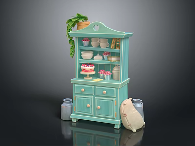 Light Blue Sideboard With Shelves Holding Dishes Cups Cake And Potted Plant 3d model