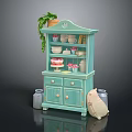 Light Blue Sideboard With Shelves Holding Dishes Cups Cake And Potted Plant
