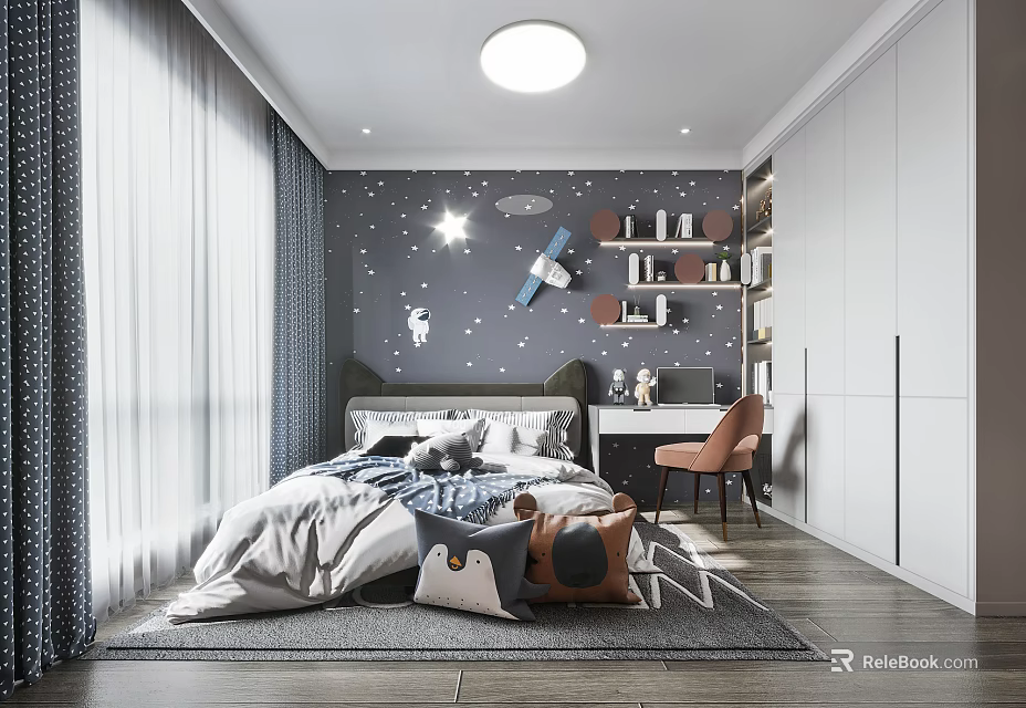 Cozy Kids Room Interior With Dark Blue Walls Star Patterns Spaceship Decor And Stuffed Toys 3d model 