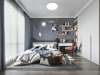 Cozy Kids Room Interior With Dark Blue Walls Star Patterns Spaceship Decor And Stuffed Toys 3d model