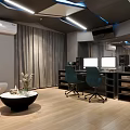 Modern Interior Workspace With Geometric Decor Blue Chairs Computer Monitors And Wooden Flooring