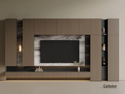 Modern Wooden TV Unit With Marble Backdrop Decorative Lights And LED Strip 3d model