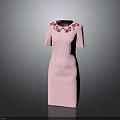 Elegant Pink Short Sleeve Dress With Red Floral Embroidery On Neckline And Texture Fabric