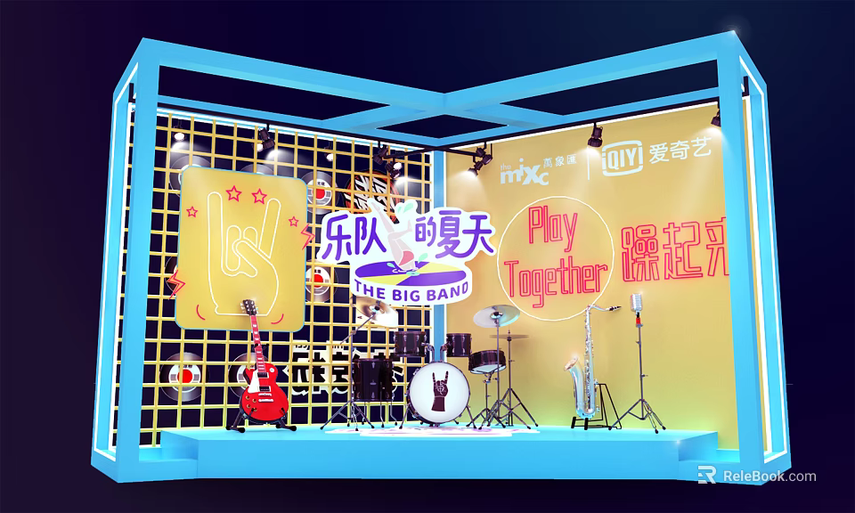 The Big Band Themed Photo Spot With Stage Musical Instruments And Yellow Background 3d model 