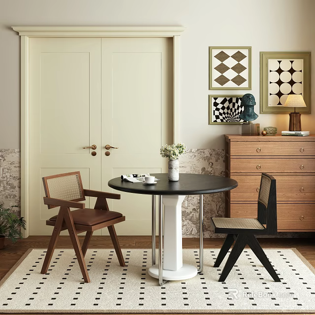 Modern Dining Table Set Featuring Round Black Top Two Chairs Vase And Decorative Paintings 3d model 