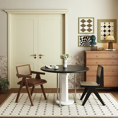 Modern Dining Table Set Featuring Round Black Top Two Chairs Vase And Decorative Paintings 3d model