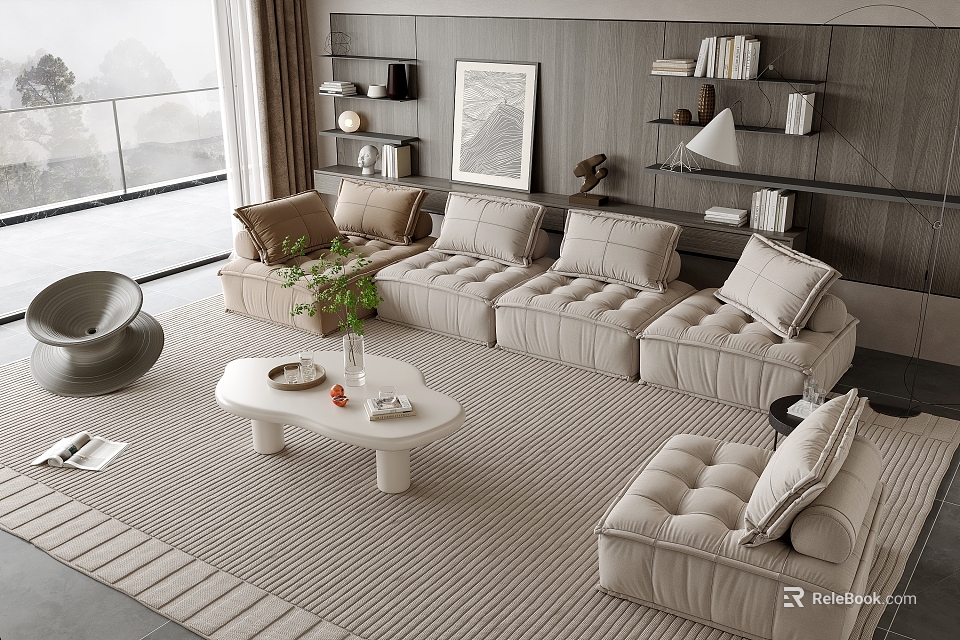 Modern Living Room Beige Sofa and Coffee Table Set With Comfortable Cushions and Decorative Shelves 3d model 