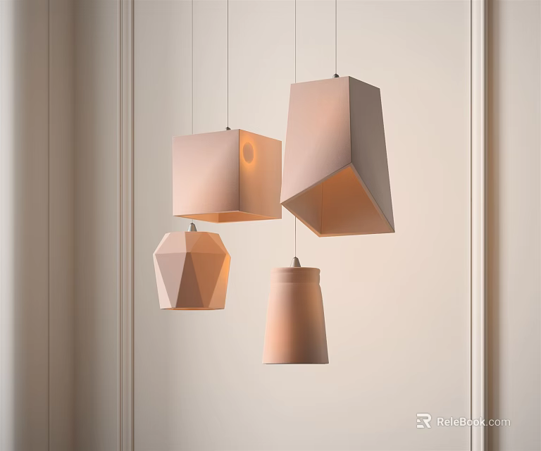 Modern Geometric Pendant Lights In Various Shapes And Warm Tones Hanging For Interior Decor 3d model 