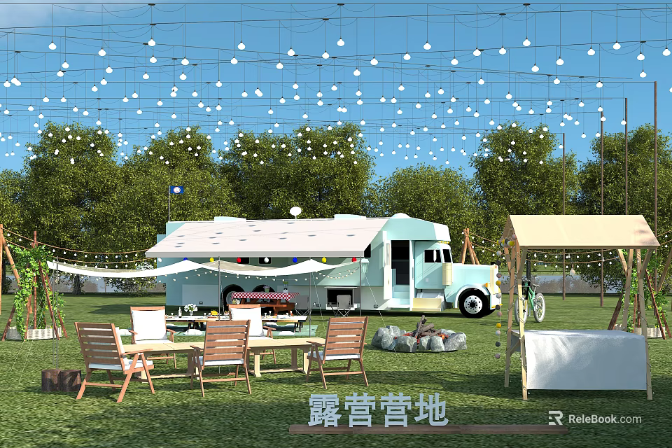 Scenic Camping Site With Camper Van String Lights Tables Chairs And Lush Trees 3d model 