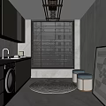 Modern Minimalist Kitchen With White Cabinetry Washing Machine Window Blinds Pendant Chandelier And Small Stools
