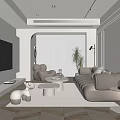 Modern Living Room With Beige Sofa White Coffee Tables Floor Lamp Green Plant Herringbone Floor
