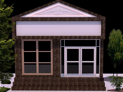 Shower Sauna Building Exterior With Brown Stone Walls White Doors Windows And Decorative Top 3d model