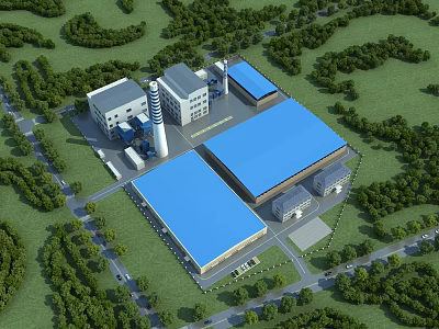 Large Industrial Factory With Blue Roof Chimney Green Trees And Roads 3d model