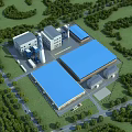 Large Industrial Factory With Blue Roof Chimney Green Trees And Roads